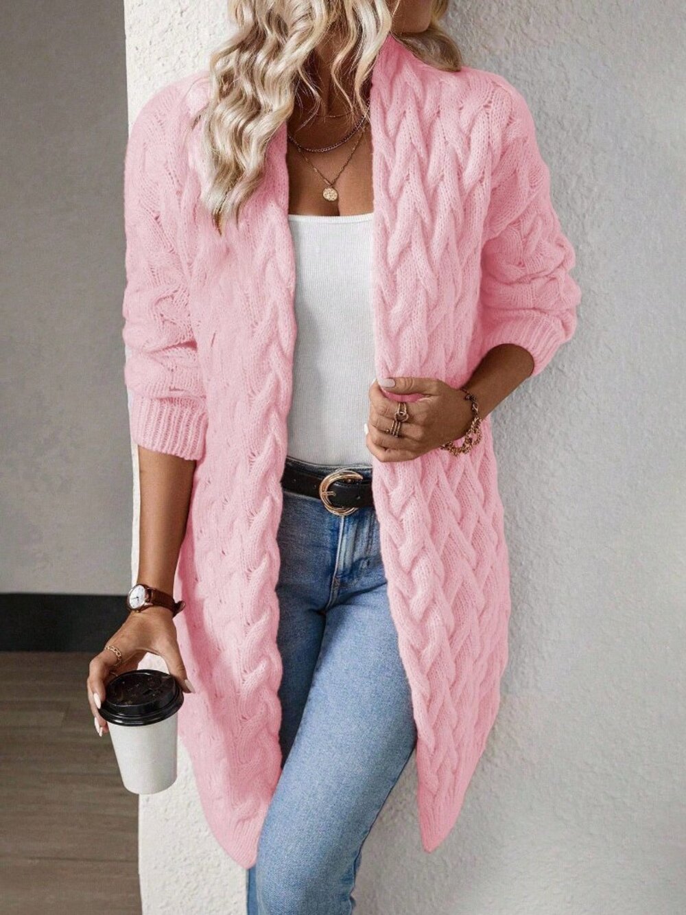 Pink Casual Women's Loose Thigh Length Drop Shoulder Cable-Knit Cardigan